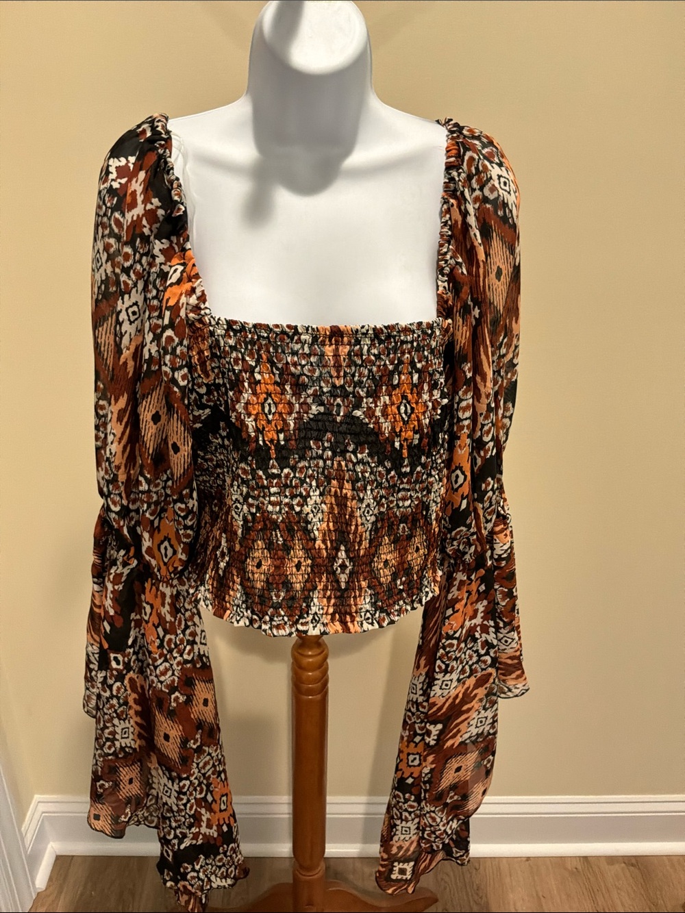 Truth Brown & Black Boho Smocked Square-Neck Long Sleeve Top size 1X